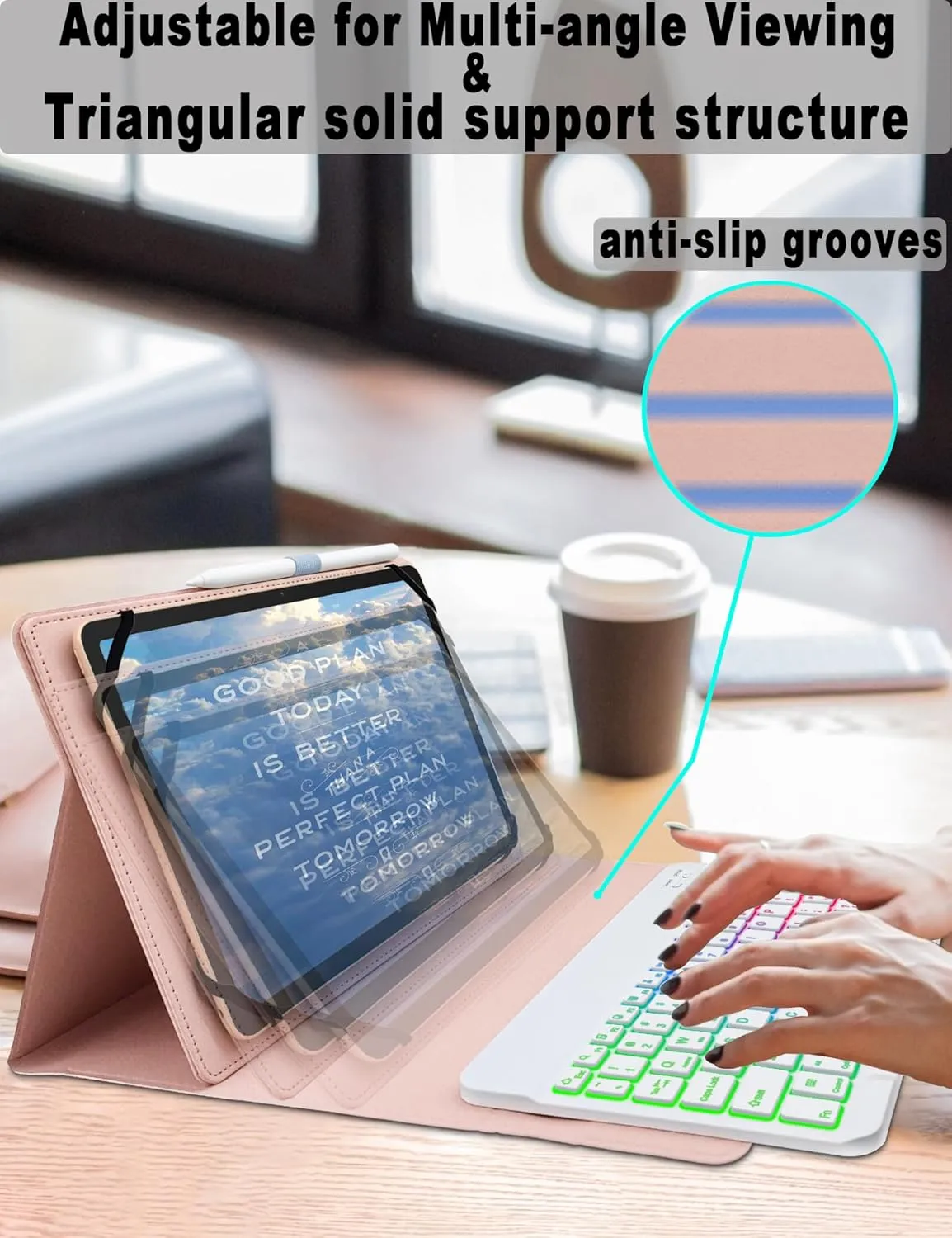 Universal Tablet Keyboard Case for 9.7",10.1",10.2",10.5",10.9",11" Tablets,7 Color Rainbow Backlit Removable Keypad with Pen Holder for Android 10.1 inch Tablet (Pink)
