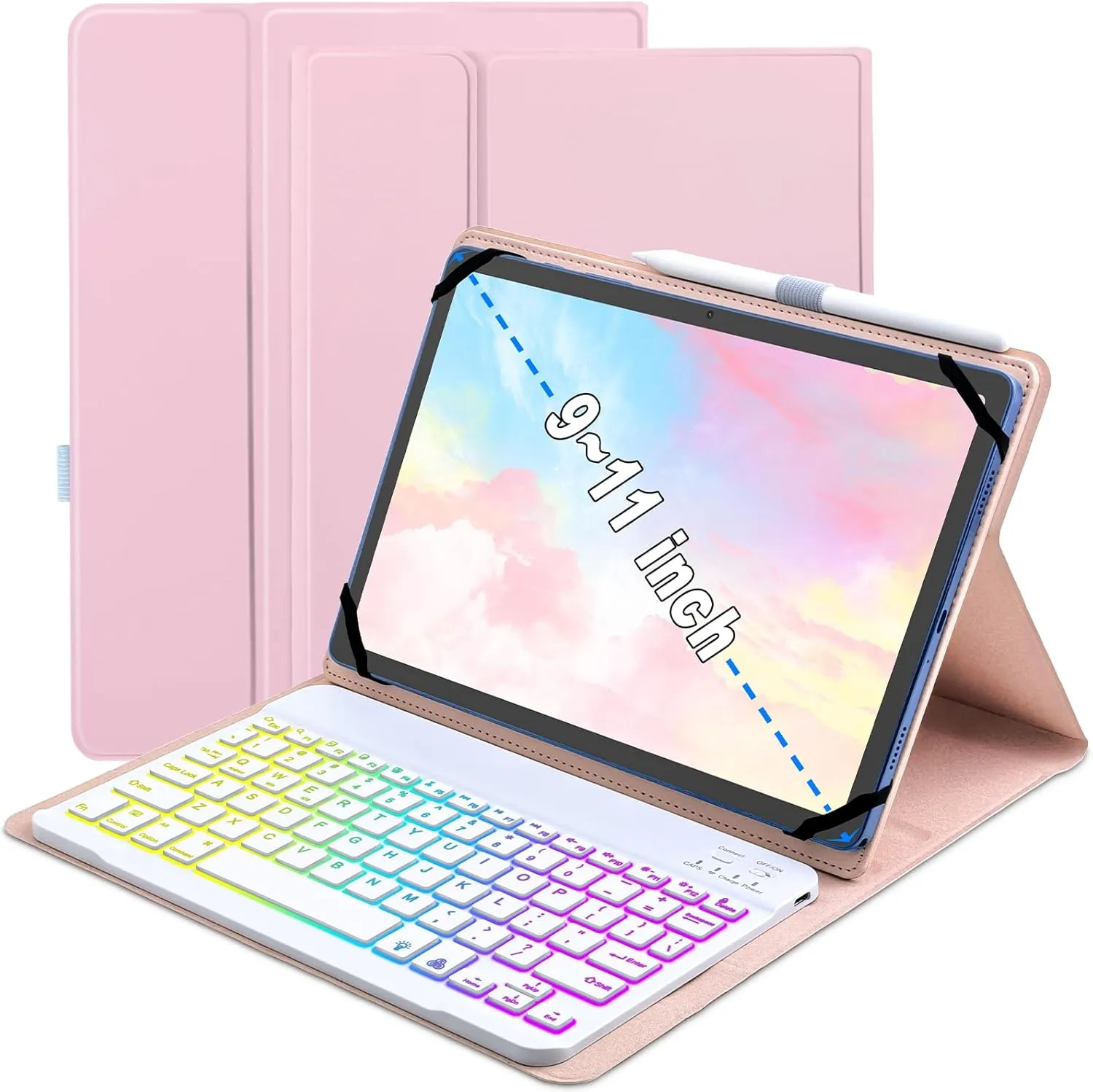 Universal Tablet Keyboard Case for 9.7",10.1",10.2",10.5",10.9",11" Tablets,7 Color Rainbow Backlit Removable Keypad with Pen Holder for Android 10.1 inch Tablet (Pink)