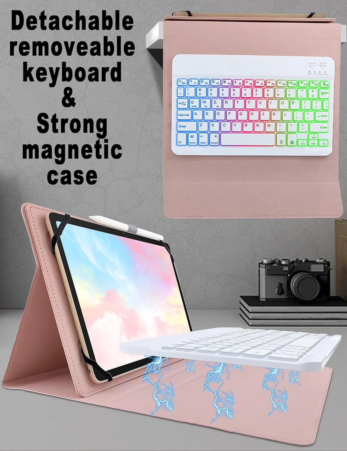 Universal Tablet Keyboard Case for 9.7",10.1",10.2",10.5",10.9",11" Tablets,7 Color Rainbow Backlit Removable Keypad with Pen Holder for Android 10.1 inch Tablet (Pink)