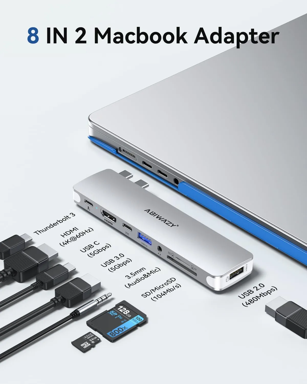 USB C Adapter HDMI USB Multiport Hub,Designed for MacBook Pro/Air with Case,8 in 2 Accessories with 4K@60hz HDMI,Thunderbolt 3,USB C and 3 USB A 3.0 Data Ports SD TF Card Reader, Audio (Sliver)