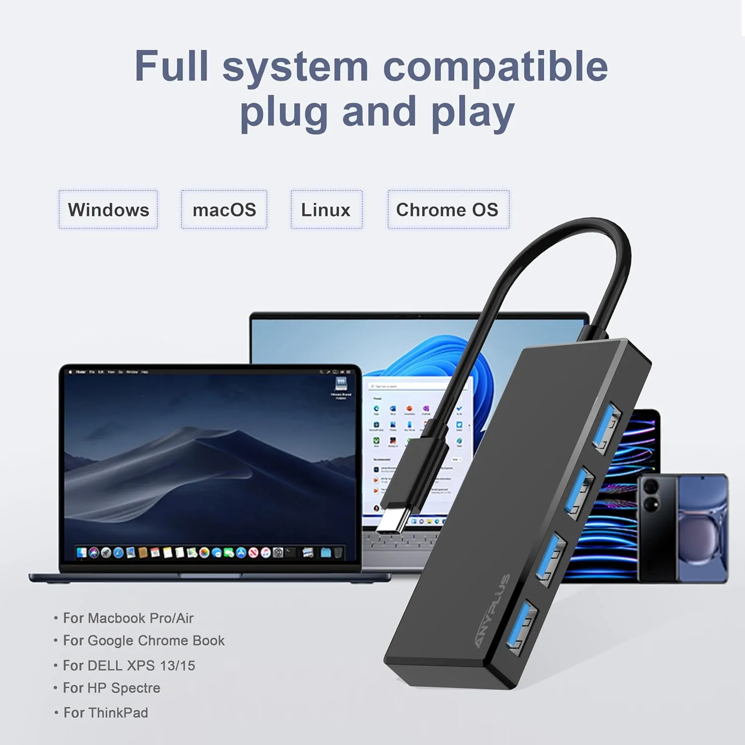USB C Hub, 4 Ports USB 3.0 Hub Splitter with 5Gbps Data Transfer, USB C Splitter for Type C MacBook, Mac Pro, iMac, Surface, XPS, Flash Drive, Mobile HDD