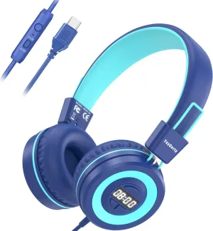 USB C Kids Headphones with Alarm, 85/94dB Volume Limit Portable Headphones with Digital Timer, HD Stereo Sound, Over-Ear Headset with Microphone for Kids/Toddlers/Children/Teens/Boys/Girls-Blue