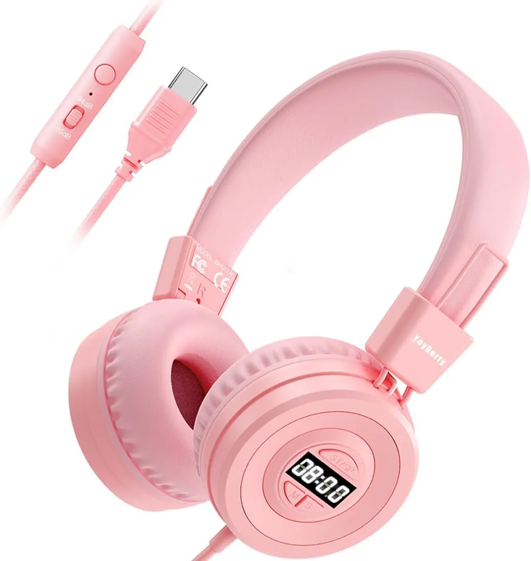 USB C Kids Headphones with Alarm, 85/94dB Volume Limit Portable Headphones with Digital Timer, HD Stereo Sound, Over-Ear Headset with Microphone for Kids/Toddlers/Children/Teens/Boys/Girls