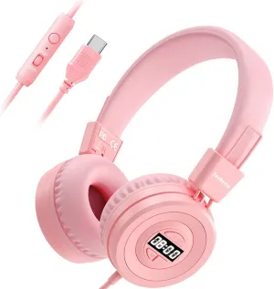 USB C Kids Headphones with Alarm, 85/94dB Volume Limit Portable Headphones with Digital Timer, HD Stereo Sound, Over-Ear Headset with Microphone for Kids/Toddlers/Children/Teens/Boys/Girls