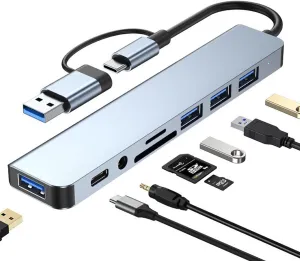 USB Hub of PC,USB C Hub 8 in 1 USB Extender with 4 USB Port 1 USBC USB 3.0 Hub TF/SD Card Reader 3.5mm Audio Output for MacBook Pro/iPad Pro/HP Aluminum