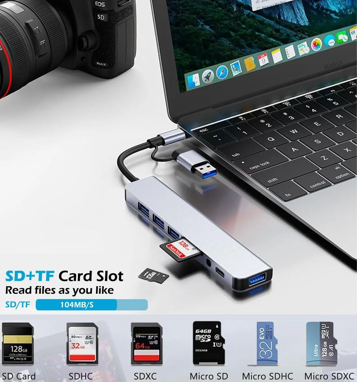 USB Hub of PC,USB C Hub 8 in 1 USB Extender with 4 USB Port 1 USBC USB 3.0 Hub TF/SD Card Reader 3.5mm Audio Output for MacBook Pro/iPad Pro/HP Aluminum