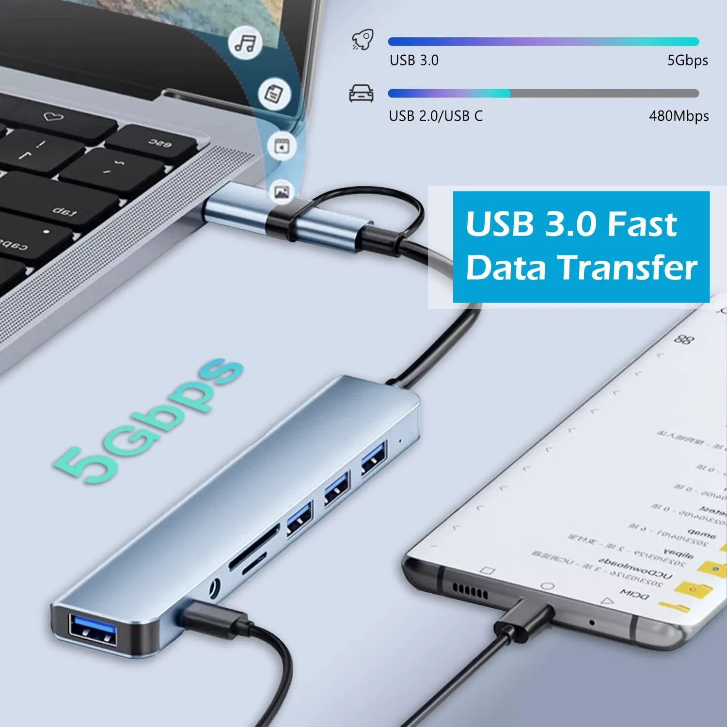USB Hub of PC,USB C Hub 8 in 1 USB Extender with 4 USB Port 1 USBC USB 3.0 Hub TF/SD Card Reader 3.5mm Audio Output for MacBook Pro/iPad Pro/HP Aluminum