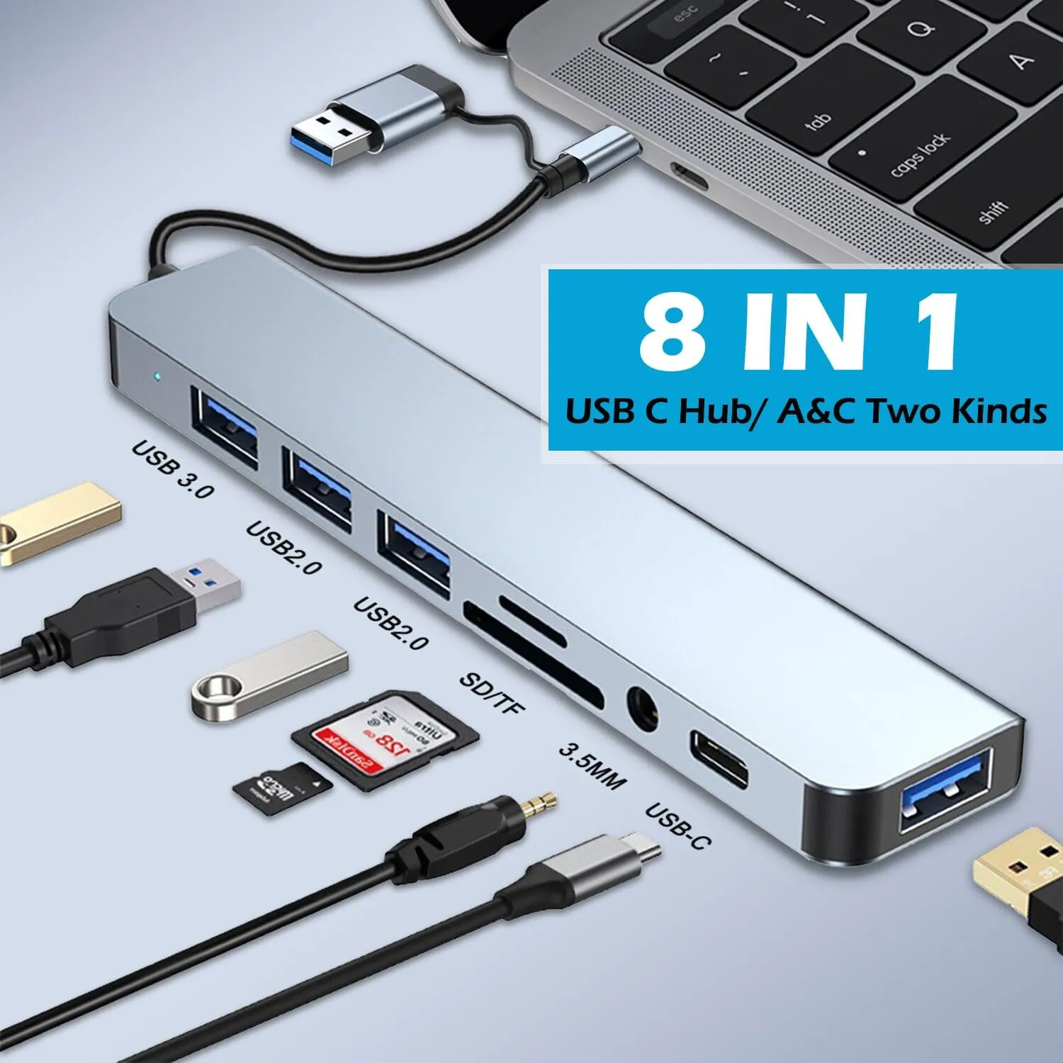 USB Hub of PC,USB C Hub 8 in 1 USB Extender with 4 USB Port 1 USBC USB 3.0 Hub TF/SD Card Reader 3.5mm Audio Output for MacBook Pro/iPad Pro/HP Aluminum