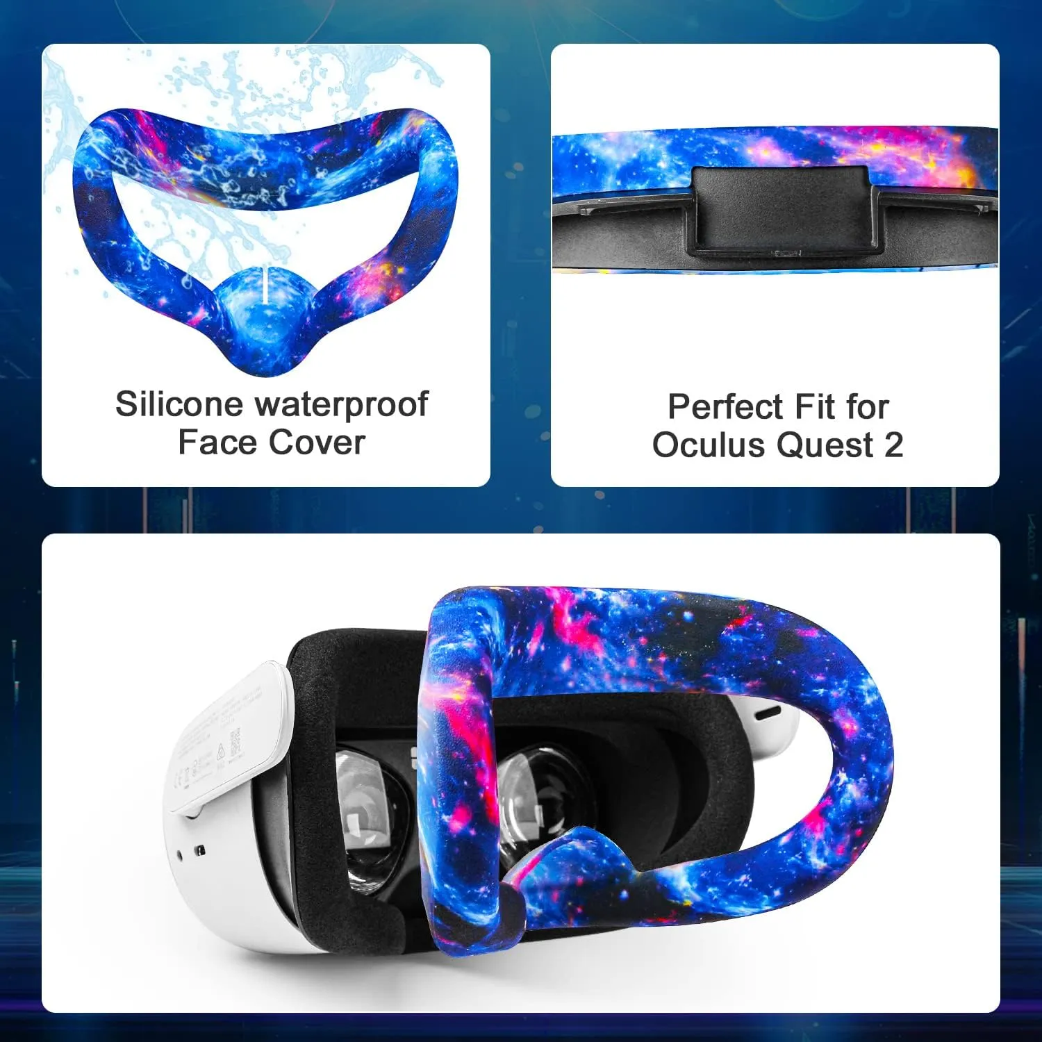 VR Accessories for Oculus Quest 2, Silicone Face Cover/Controller Grip Cover/VR Shell Cover/Lens Cover/10PCS Disposable Eye Cover are Included in VR Headset Accessories Set,(Galaxy)