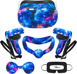 VR Accessories for Oculus Quest 2, Silicone Face Cover/Controller Grip Cover/VR Shell Cover/Lens Cover/10PCS Disposable Eye Cover are Included in VR Headset Accessories Set,(Galaxy)