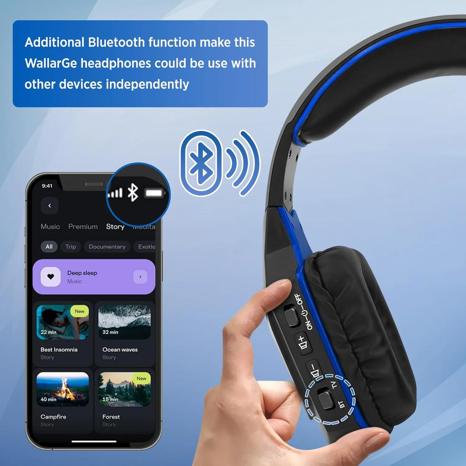 WallarGe Wireless Headphones for TV Watching with RF Transmitter Charging Dock, Plug and Play, 100 Ft Wireless Range, Rechargeable 20 Hour Battery (Black with Blue)