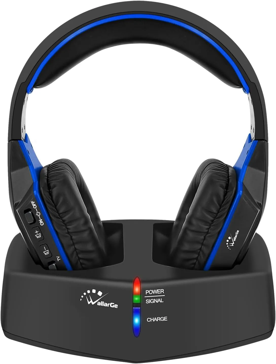WallarGe Wireless Headphones for TV Watching with RF Transmitter Charging Dock, Plug and Play, 100 Ft Wireless Range, Rechargeable 20 Hour Battery (Black with Blue)