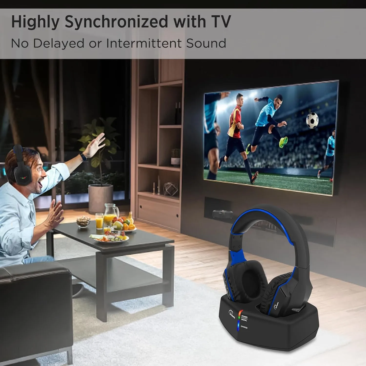 WallarGe Wireless Headphones for TV Watching with RF Transmitter Charging Dock, Plug and Play, 100 Ft Wireless Range, Rechargeable 20 Hour Battery (Black with Blue)