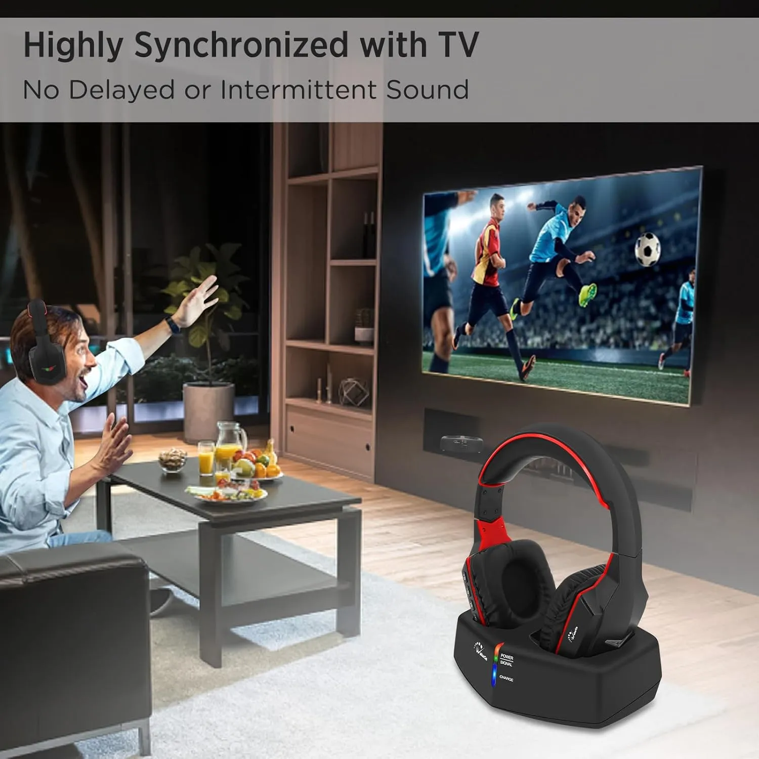 WallarGe Wireless Headphones for TV Watching with RF Transmitter Charging Dock, Plug and Play, 100 Ft Wireless Range, Rechargeable 20 Hour Battery (Black with Red)
