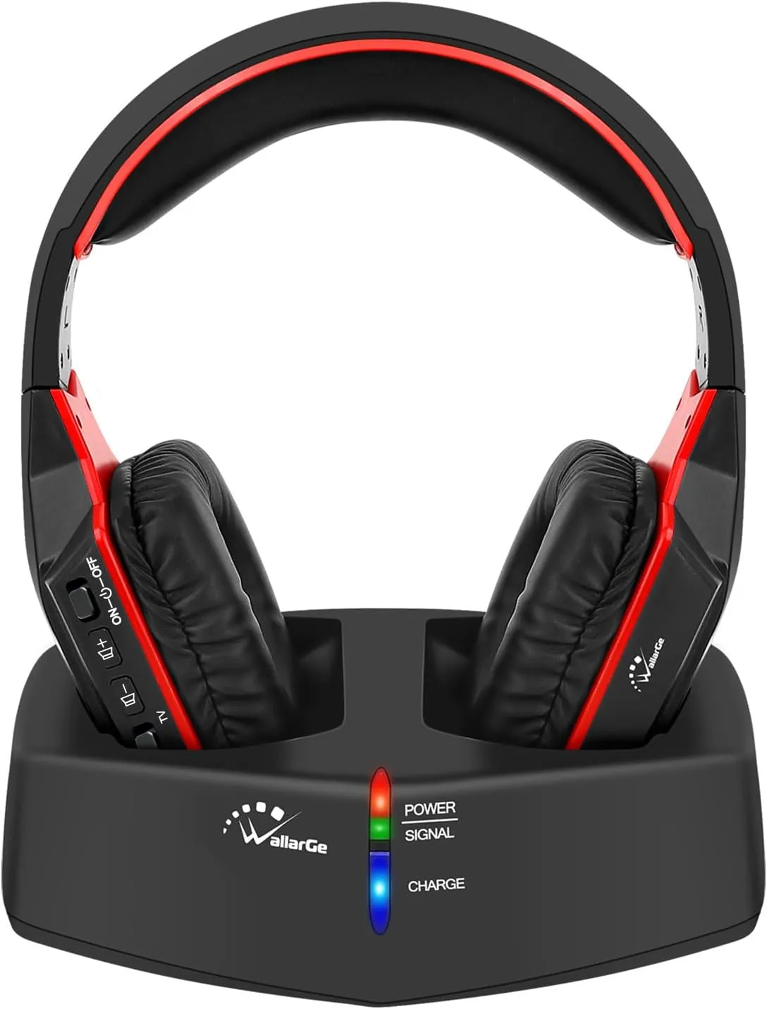 WallarGe Wireless Headphones for TV Watching with RF Transmitter Charging Dock, Plug and Play, 100 Ft Wireless Range, Rechargeable 20 Hour Battery (Black with Red)