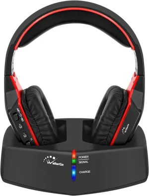 WallarGe Wireless Headphones for TV Watching with RF Transmitter Charging Dock, Plug and Play, 100 Ft Wireless Range, Rechargeable 20 Hour Battery (Black with Red)