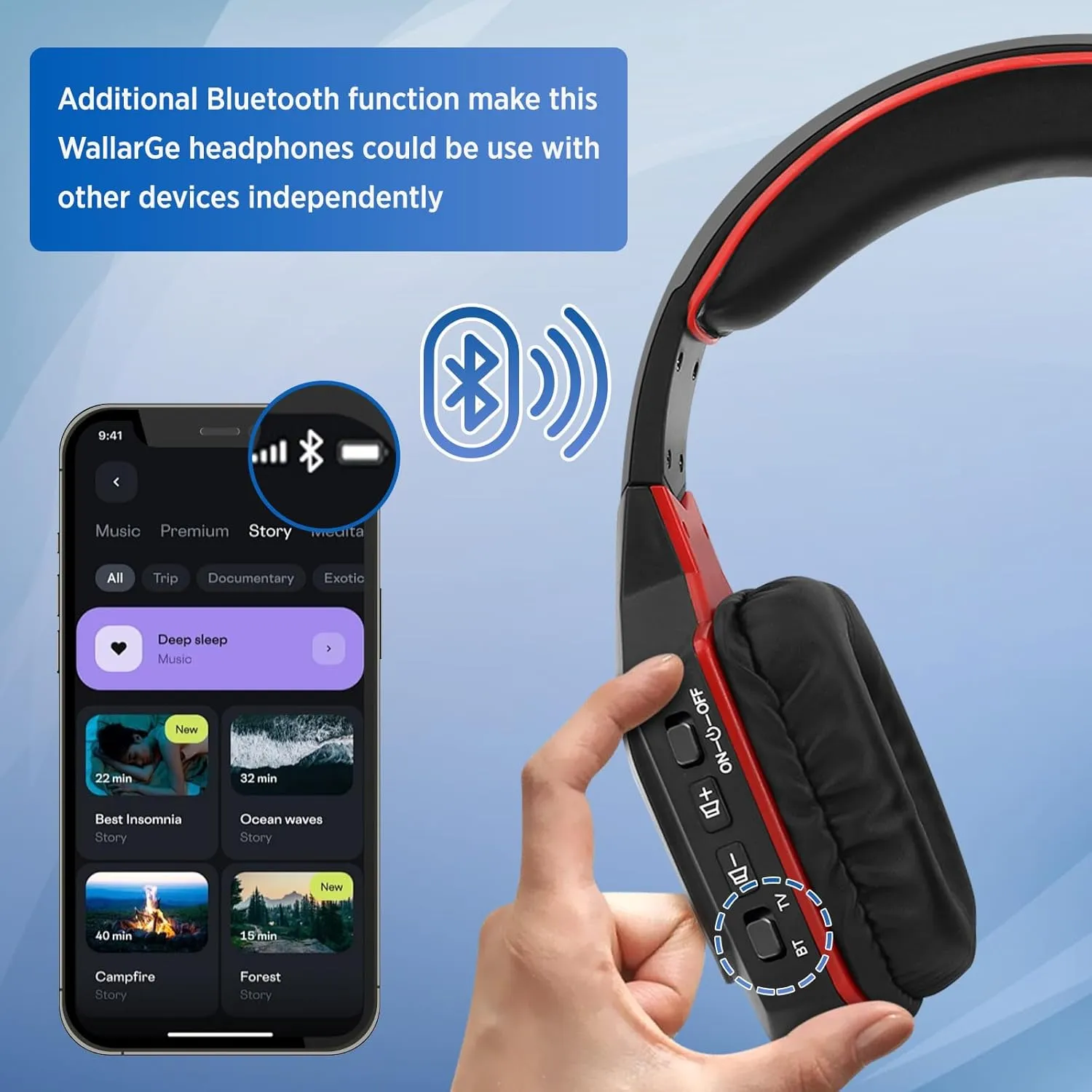 WallarGe Wireless Headphones for TV Watching with RF Transmitter Charging Dock, Plug and Play, 100 Ft Wireless Range, Rechargeable 20 Hour Battery (Black with Red)
