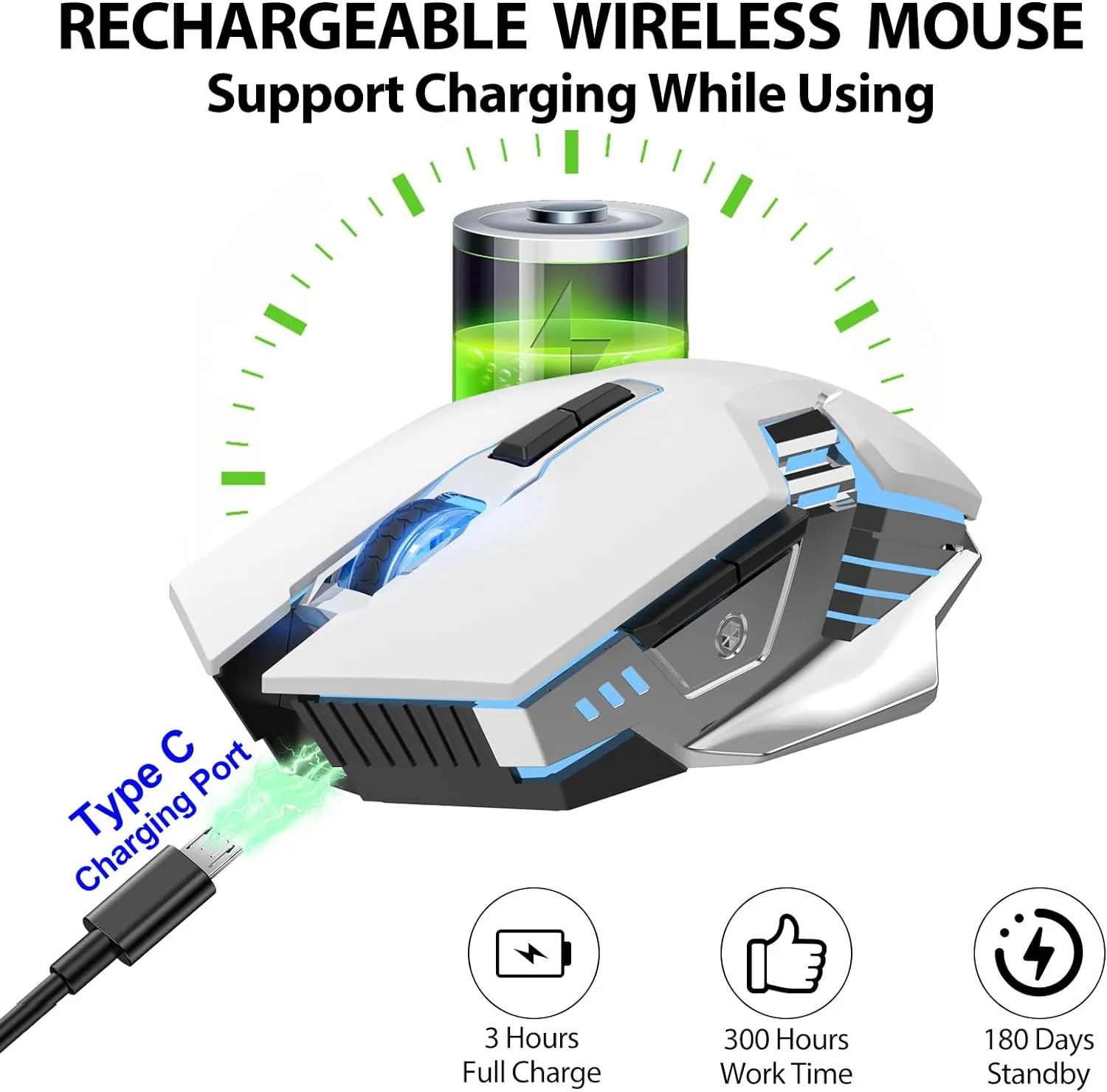 White Wireless Gaming Mouse Bluetooth Mouse with 3-Modes(BT5.0 BT3.0 2.4GHz), Rechargeable, RGB Backlit, Silent Click Computer Mouse for Laptop, PC, Macbook, iPad, Tablet, Chromebook, Games, Office