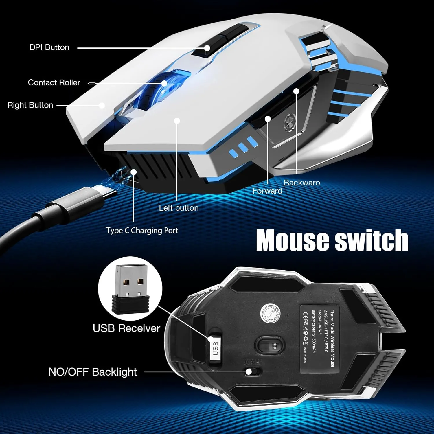 White Wireless Gaming Mouse Bluetooth Mouse with 3-Modes(BT5.0 BT3.0 2.4GHz), Rechargeable, RGB Backlit, Silent Click Computer Mouse for Laptop, PC, Macbook, iPad, Tablet, Chromebook, Games, Office