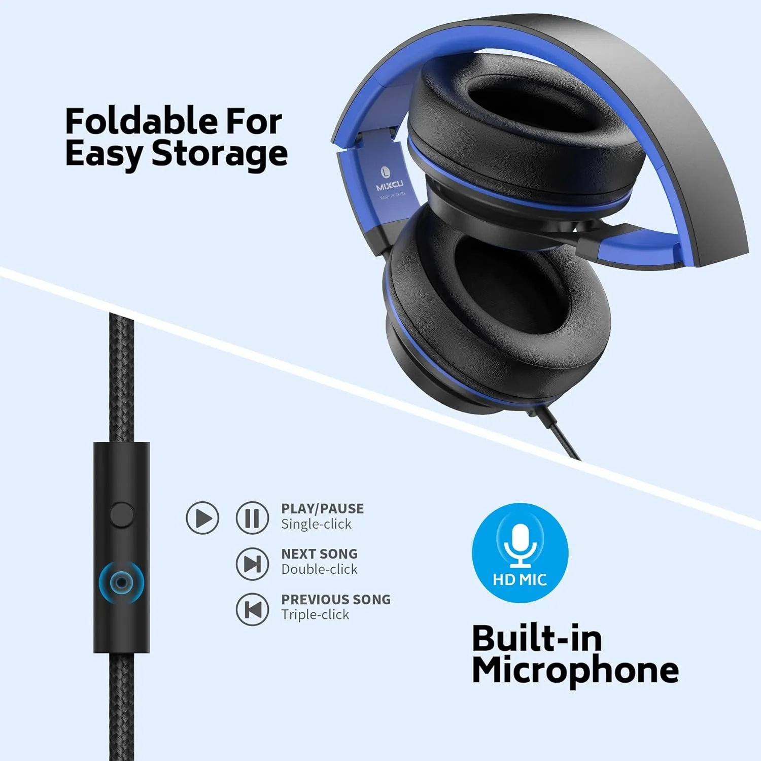 Wired Headphones for School Classroom Bulk Pack, Over-Ear for Kids Teens Chromebook Computer with Microphone 3.5mm Jack, Foldable, No-Tangle Cord - 6-Pack (Blue)