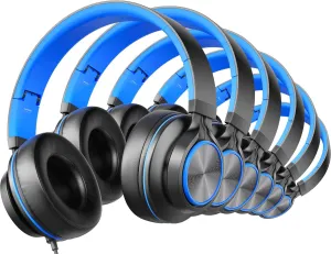 Wired Headphones for School Classroom Bulk Pack, Over-Ear for Kids Teens Chromebook Computer with Microphone 3.5mm Jack, Foldable, No-Tangle Cord - 6-Pack (Blue)