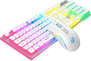 Wireless Gaming Keyboard and Mouse Combo, Ergonomic Computer Keyboard, Rechargeable RGB Backlit Gaming Keyboard with 4800 DPI Wireless Mouse for Windows/MacOS/Laptop (White)