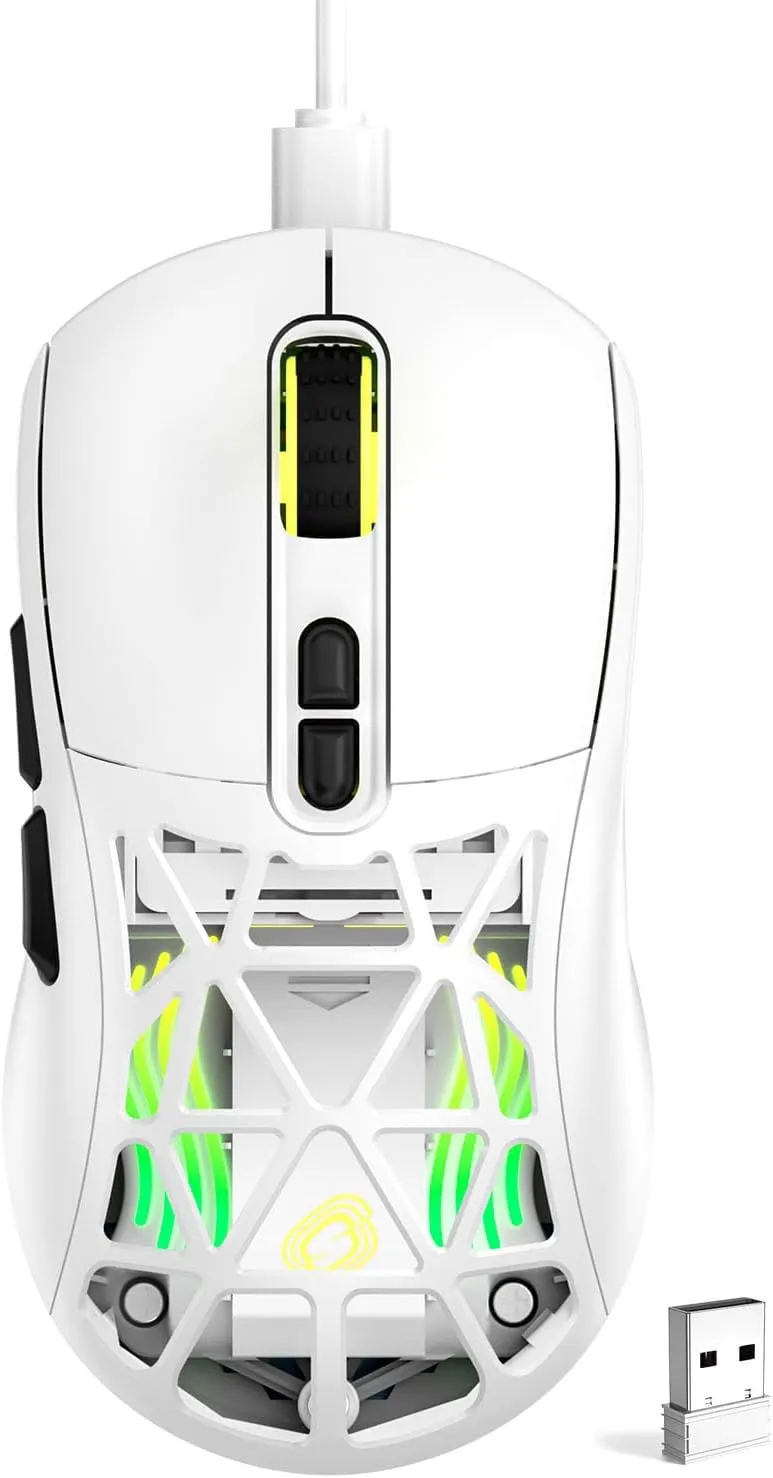 Wireless Gaming Mouse,53g Lightweight Mouse,10000 DPI,Tri-mode Wired/BT 5.0/2.4GHz Wireless Gaming Rechargeable&Rechange Shell with 2 Side Buttons, RGB Programmable Macro Mouse (White-Black)