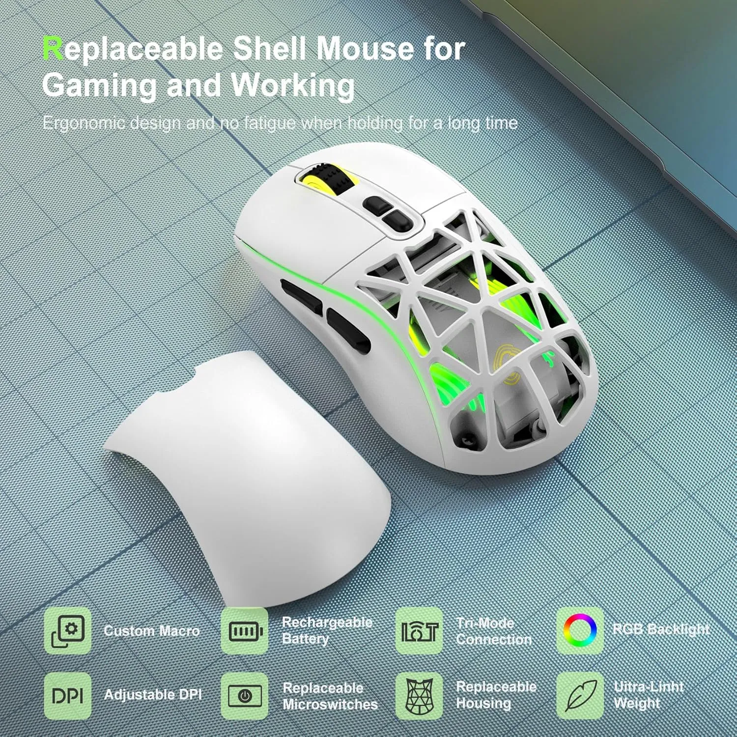 Wireless Gaming Mouse,53g Lightweight Mouse,10000 DPI,Tri-mode Wired/BT 5.0/2.4GHz Wireless Gaming Rechargeable&Rechange Shell with 2 Side Buttons, RGB Programmable Macro Mouse (White-Black)