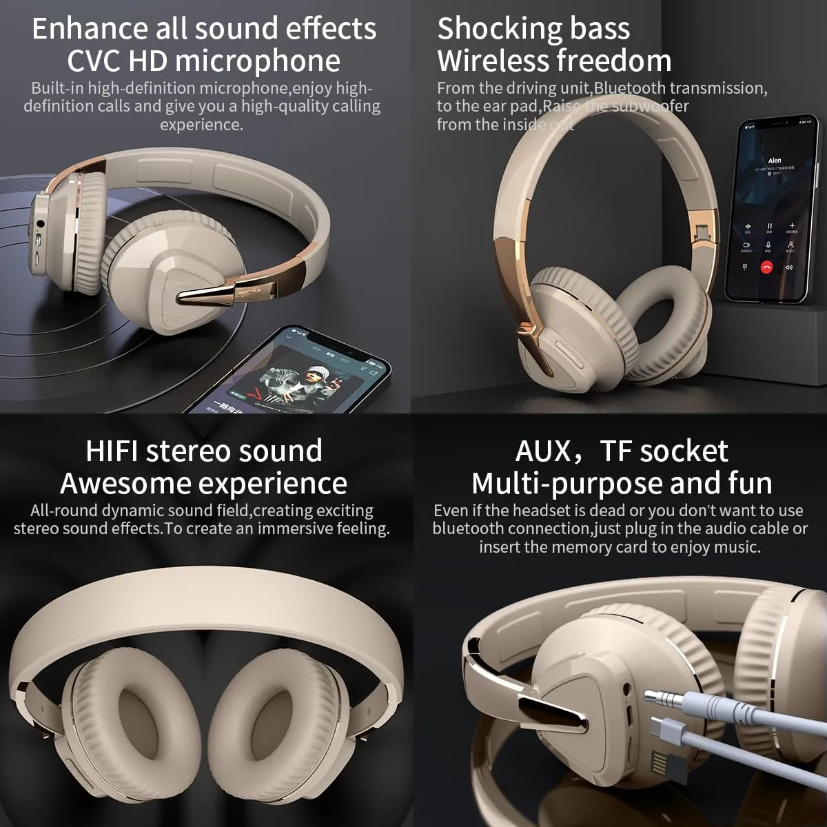 Wireless Headphones over Ear, Bluetooth Headphones Overhead V5.0 Hifi Stereo Foldable Lightweight Comfortable (Khaki), 2A537-H3