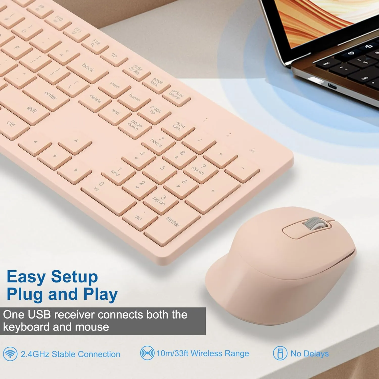 Wireless Keyboard and Mouse Combo, Quiet and Soft 2.4G Full-Size Computer Keyboard and Ergonomic Wireless Mouse for Windows, Mac Desktop/Laptop/PC/PS, Peach
