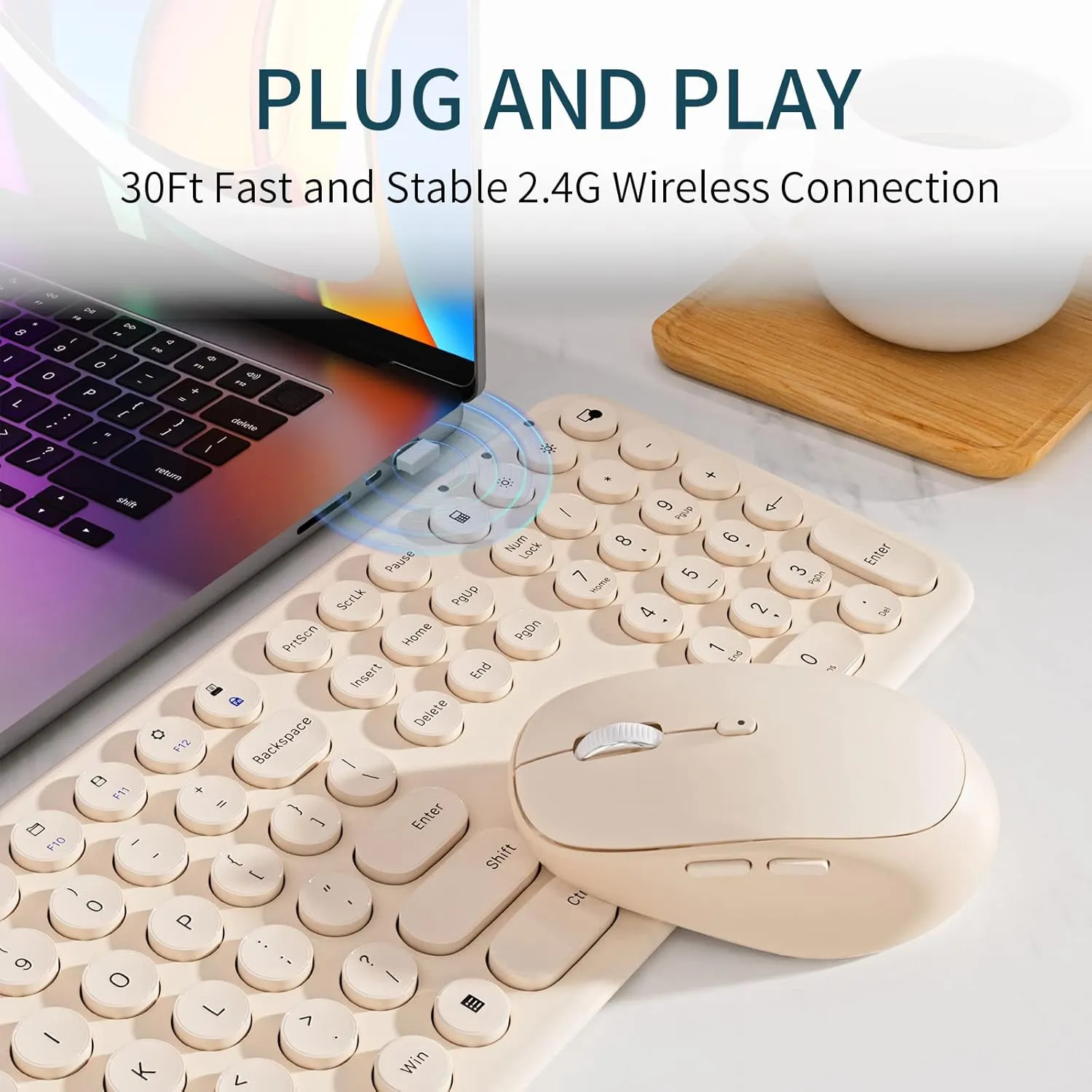 Wireless Keyboard Mouse Combo, 2.4Ghz Aesthetic Quiet Keyboard and Mouse Wireless, 110 Keys Full Size Ultra-Thin Cute Keyboard for Laptop, Computer, PC, Notebook, Windows, Mac OS (Khaki)