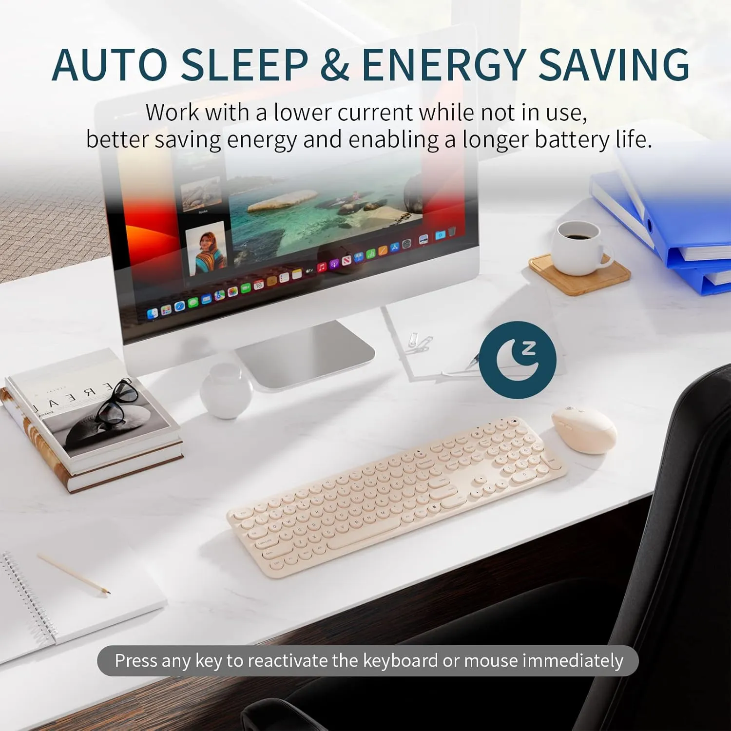 Wireless Keyboard Mouse Combo, 2.4Ghz Aesthetic Quiet Keyboard and Mouse Wireless, 110 Keys Full Size Ultra-Thin Cute Keyboard for Laptop, Computer, PC, Notebook, Windows, Mac OS (Khaki)