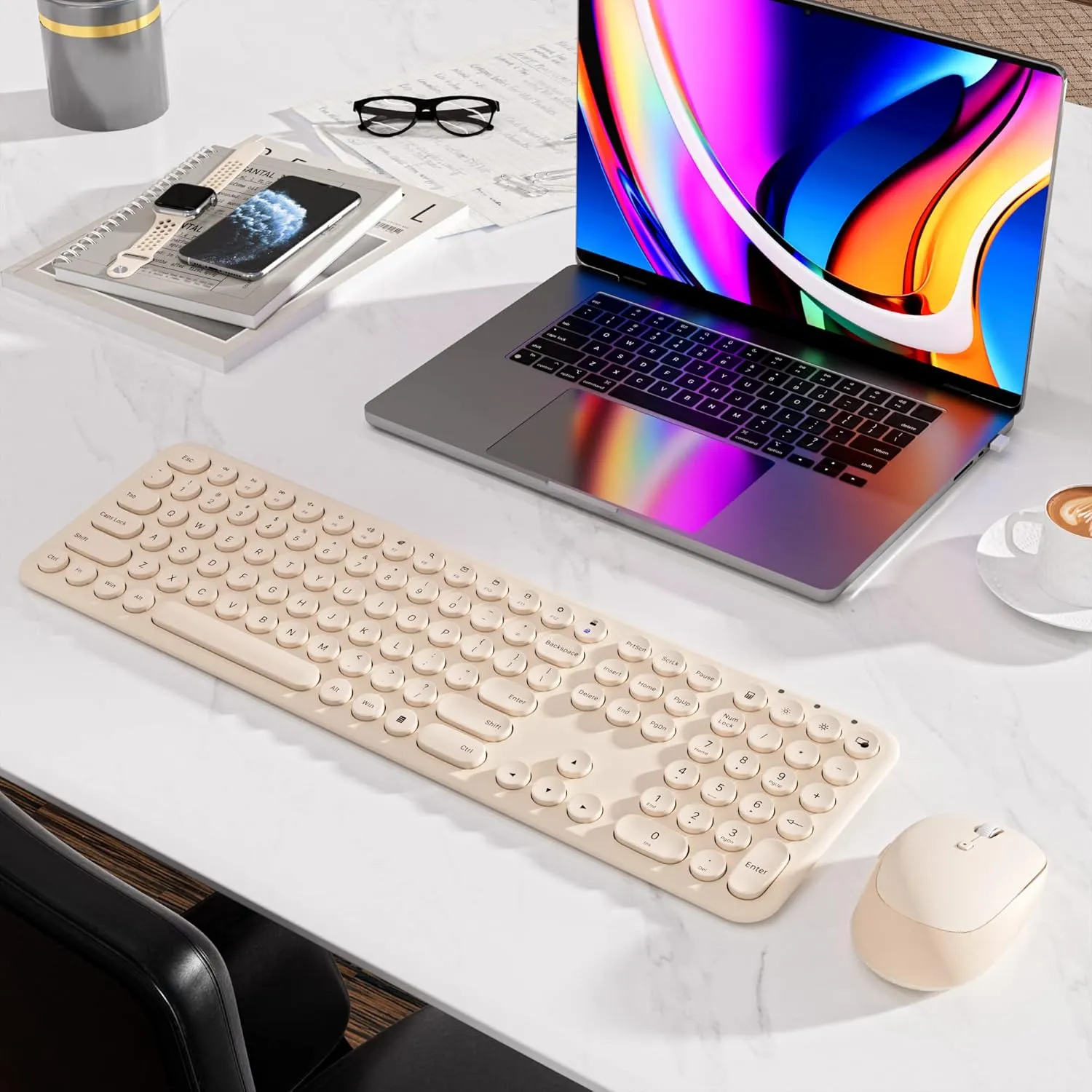 Wireless Keyboard Mouse Combo, 2.4Ghz Aesthetic Quiet Keyboard and Mouse Wireless, 110 Keys Full Size Ultra-Thin Cute Keyboard for Laptop, Computer, PC, Notebook, Windows, Mac OS (Khaki)