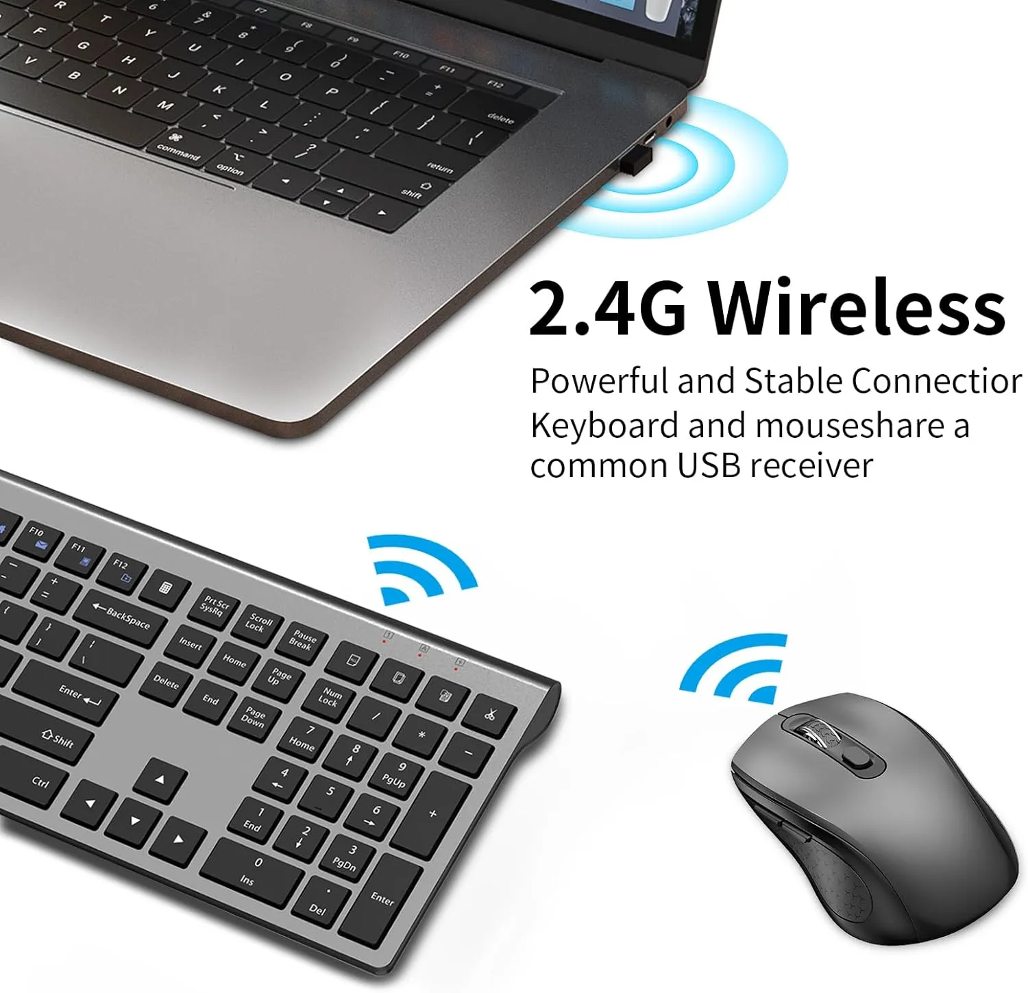 Wireless Keyboard Mouse Combo,2.4Ghz USB Full Size Cordless Computer Silent Keyboard and Ergonomics Mouse, Scissor Switch Keys, Fn Lock, for Laptop PC Chromebook and Windows 11/10/7/XP - Grey