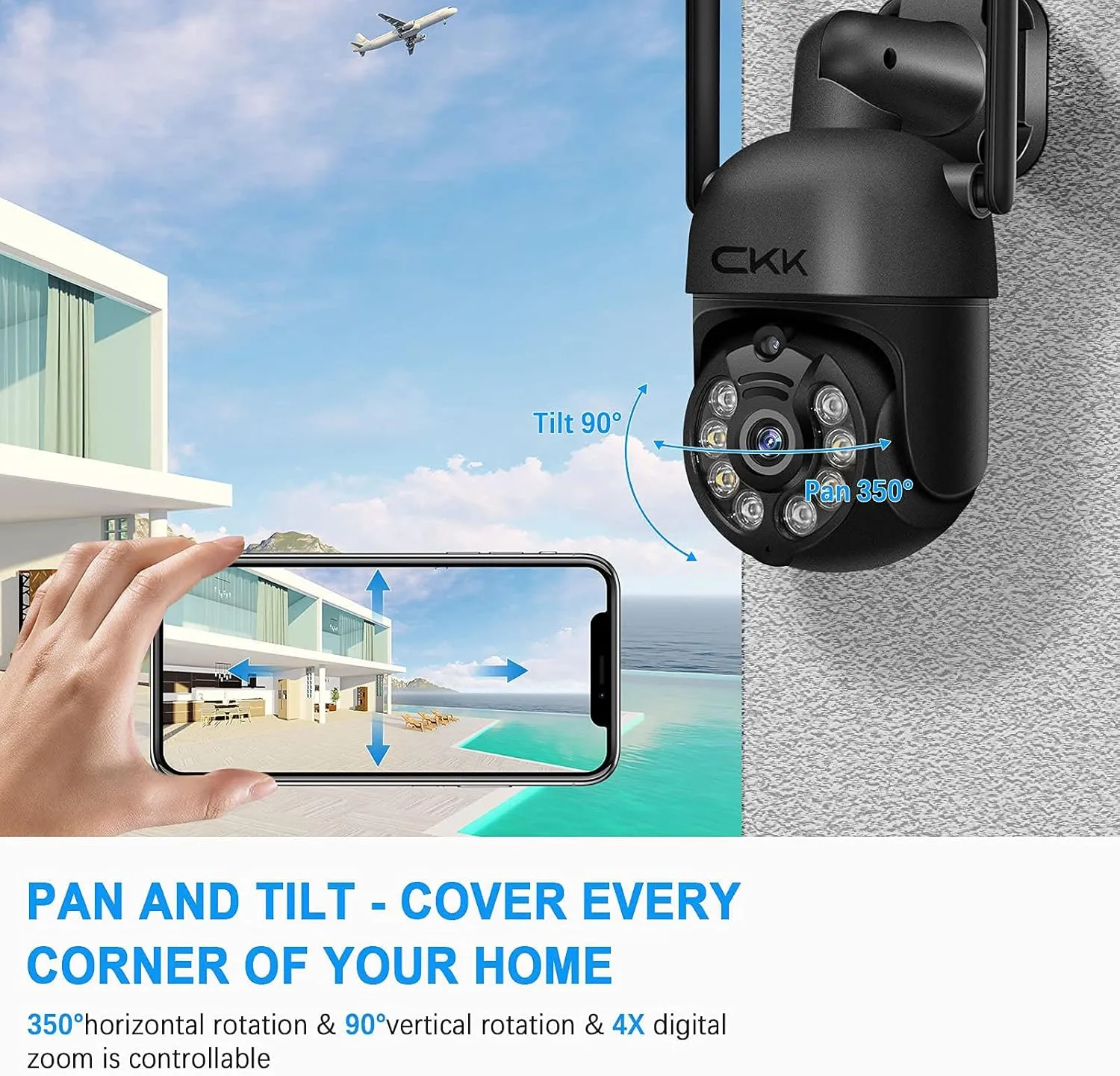 Wireless Security Camera System, 4pcs 3MP PTZ Cameras Outdoor Indoor, CKK WiFi Surveillance NVR System with Floodlights & Siren Alarm, 2 Way Audio, 24/7 Record, Expandable 10CH, No HDD