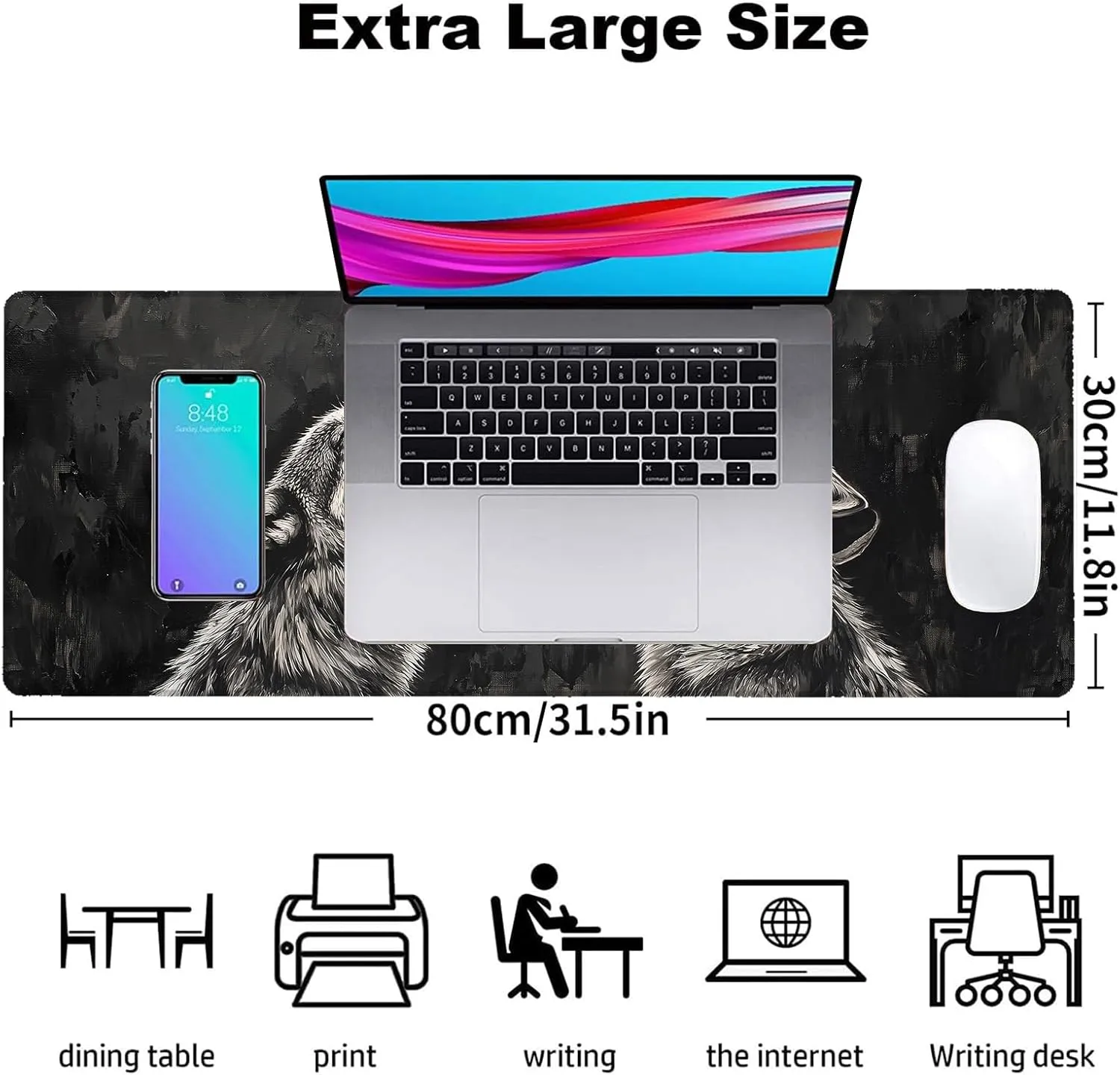 Wolf Gaming Mouse Pad, Office Desk Mat, Anti-Slip Rubber Base Cool Aesthetic Mouse Pads for Computer Laptop Keyboard School Home Desktop Gamer Home Accessories Decor 31.5" x 11.8"