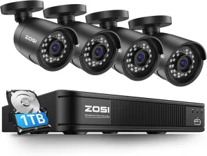 ZOSI 5MP 3K Lite CCTV Security Camera System with AI Human Vehicle Detection, 8CH H.265  DVR and 4 x 1080p Surveillance Bullet Cameras Outdoor Indoor, 100ft Night Vision, IP66 Weatherproof, 1TB HDD