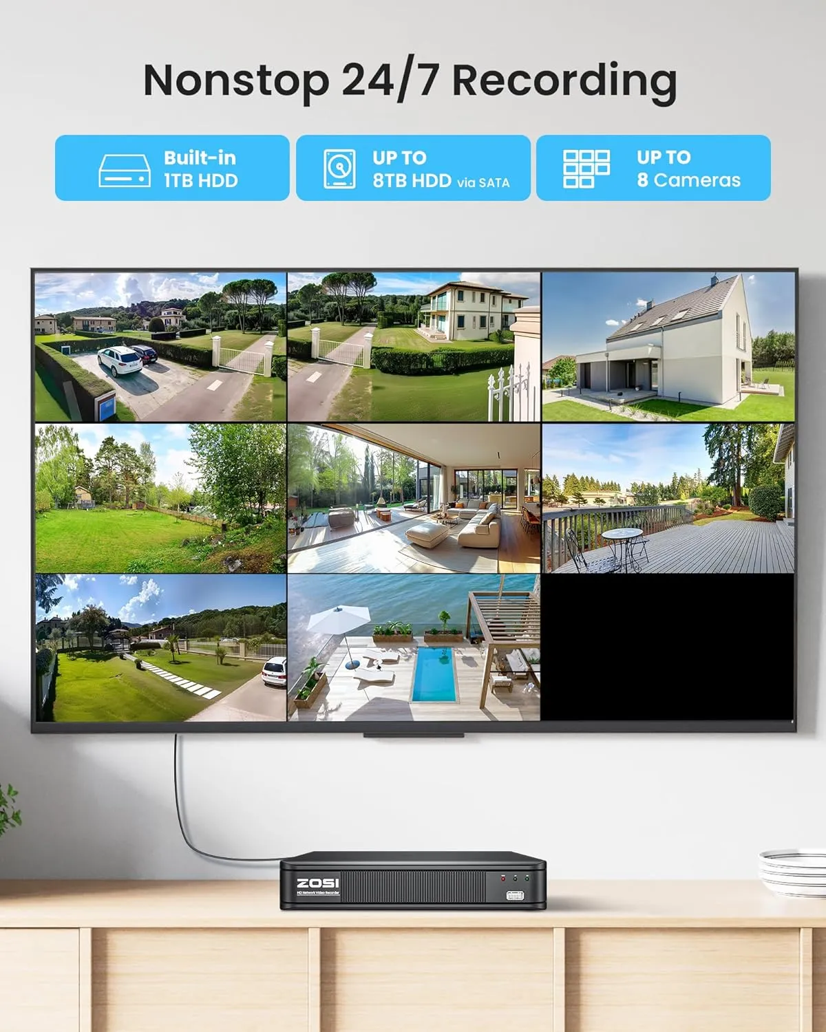 ZOSI 5MP 3K Lite CCTV Security Camera System with AI Human Vehicle Detection, 8CH H.265  DVR and 4 x 1080p Surveillance Bullet Cameras Outdoor Indoor, 100ft Night Vision, IP66 Weatherproof, 1TB HDD