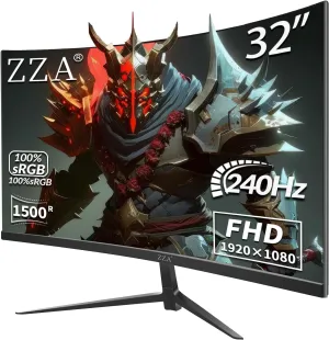 ZZA 32" 1K HDR Gaming Curved Monitor - FHD (1920x1080), 240Hz,1500R, 1ms, Extreme Low Motion Blur, FreeSync Premium, VESA Mountable, DisplayPort, HDMI