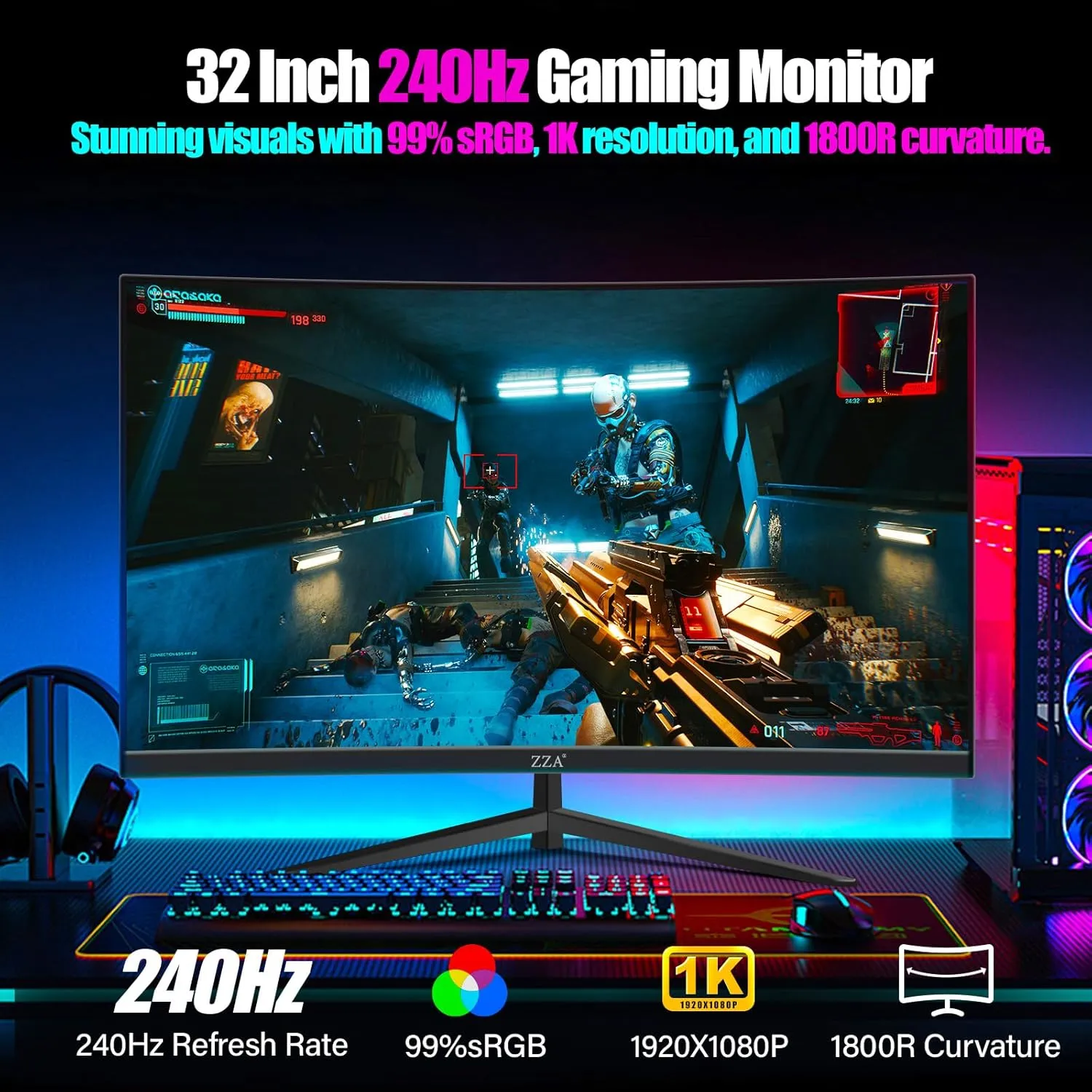 ZZA 32" 1K HDR Gaming Curved Monitor - FHD (1920x1080), 240Hz,1500R, 1ms, Extreme Low Motion Blur, FreeSync Premium, VESA Mountable, DisplayPort, HDMI